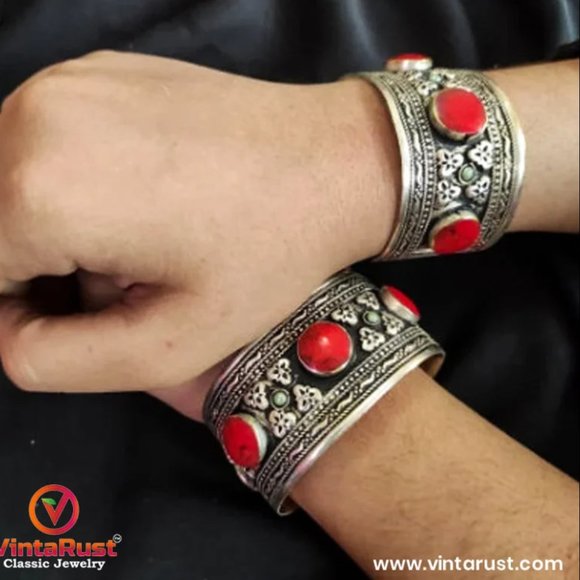 Single Afghan Tribal Cuff Bracelet: Red Stone Boho Jewelry - Picture 2 of 8